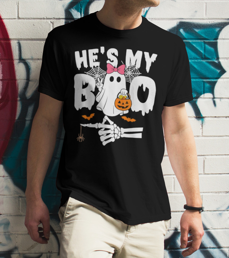 He’s My Boo Pink Bow Ghost With Pumpkin Candy Basket And Skeleton Hand Halloween T-Shirt