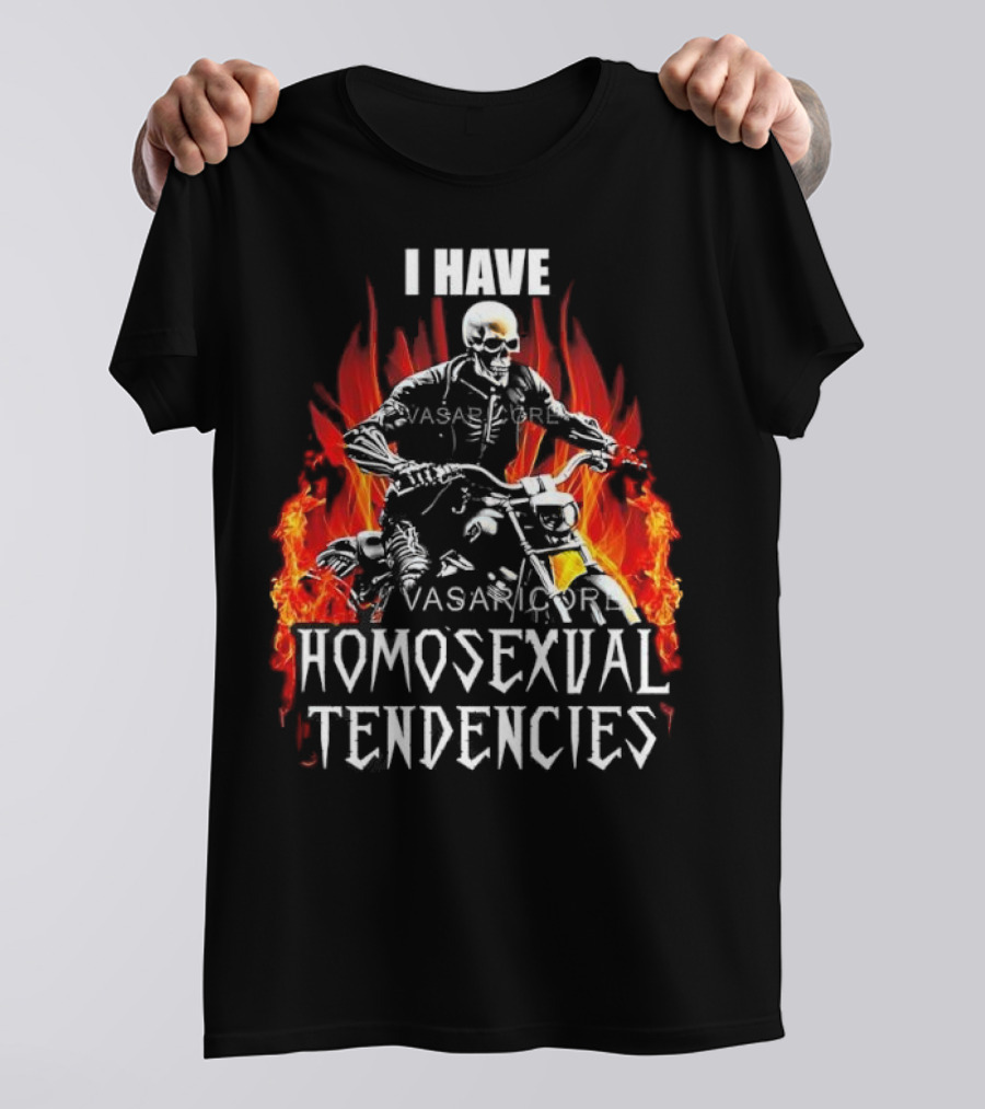 I Have Homosexual Tendencies Skeleton Motorcycle Flaming Background T-Shirt