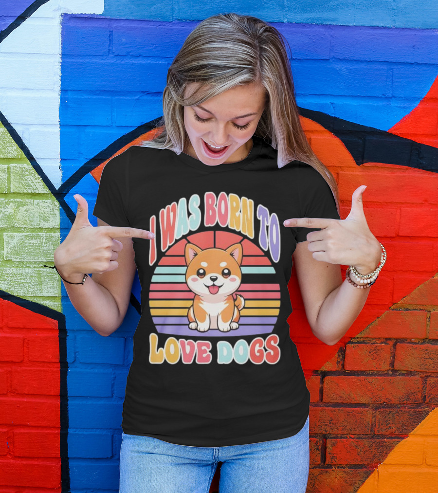 I Was Born To Love Dogs Cute Cartoon Shiba Inu Rainbow Colors T-Shirt