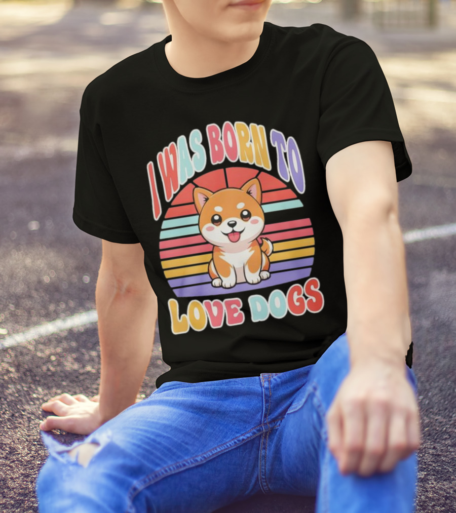 I Was Born To Love Dogs Cute Cartoon Shiba Inu Rainbow Colors T-Shirt
