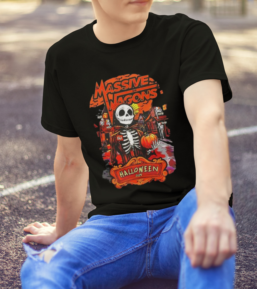 Massive Wagons Halloween 2023 Skeleton Pumpkin Spooky Street Scene T-Shirt