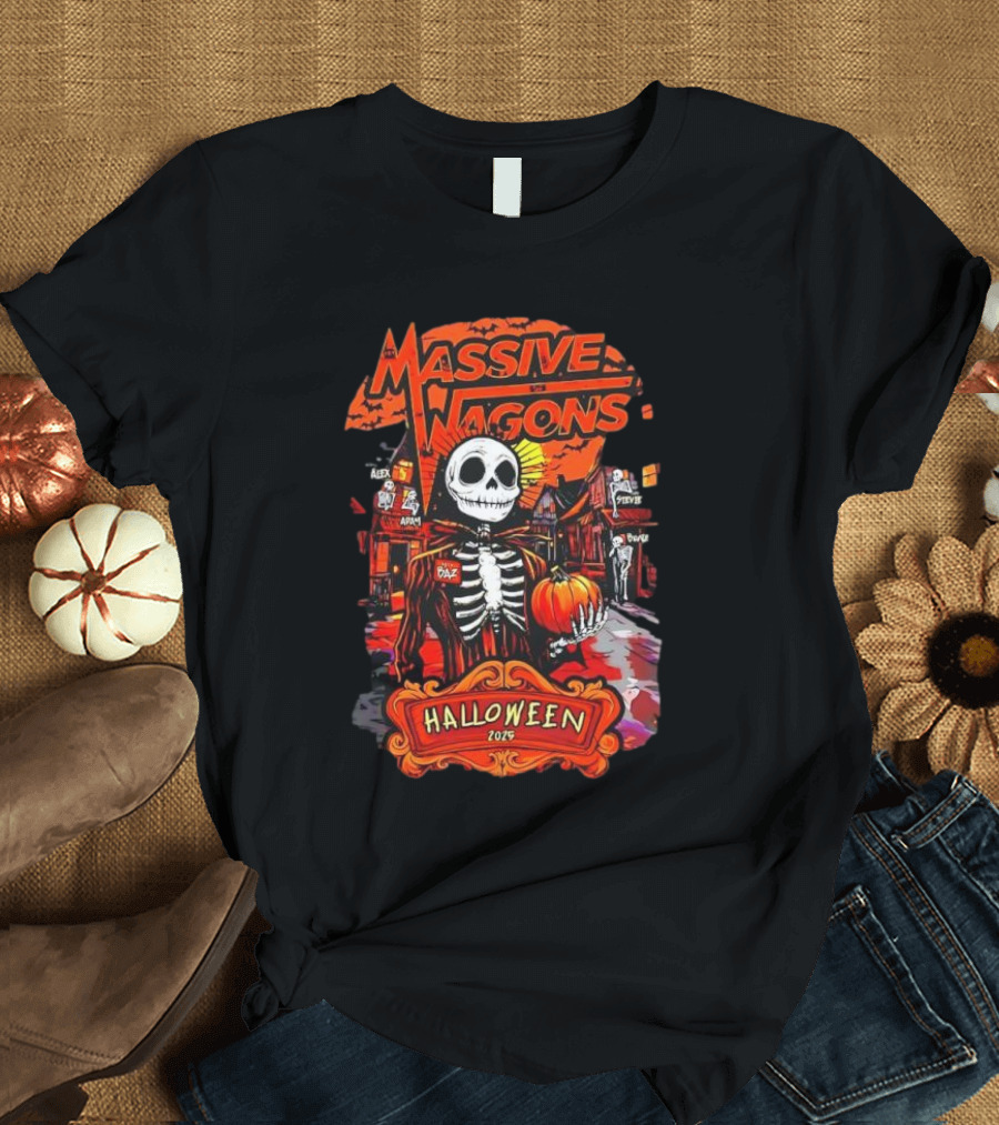 Massive Wagons Halloween 2023 Skeleton Pumpkin Spooky Street Scene T-Shirt