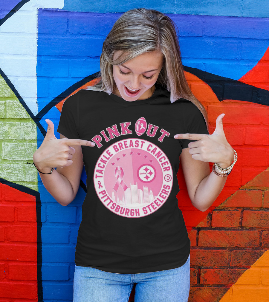 Pink Out Tackle Breast Cancer Pittsburgh Steelers Ribbon Awareness T-Shirt