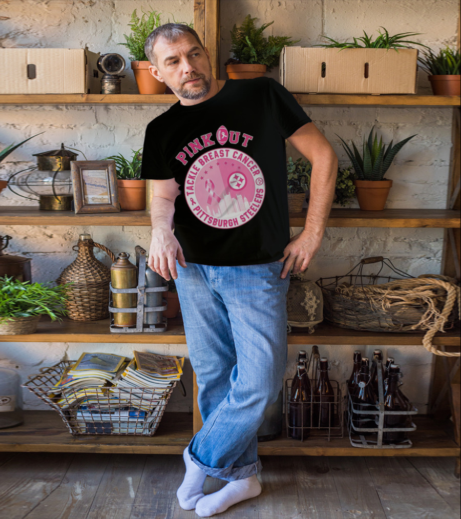 Pink Out Tackle Breast Cancer Pittsburgh Steelers Ribbon Awareness T-Shirt