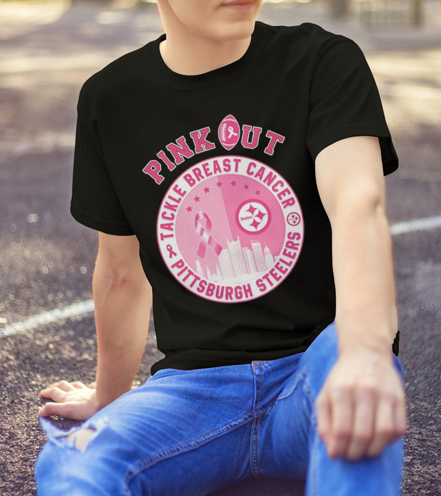 Pink Out Tackle Breast Cancer Pittsburgh Steelers Ribbon Awareness T-Shirt