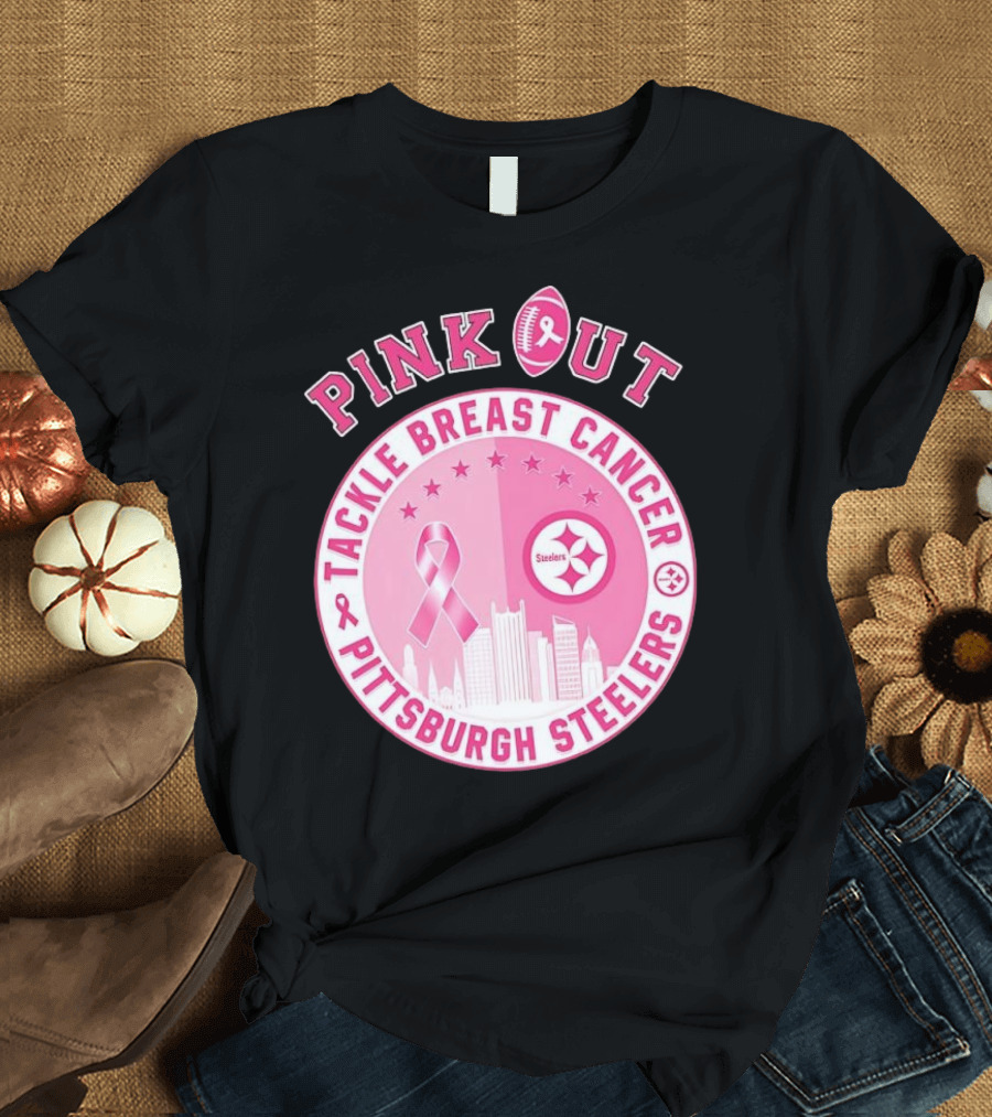 Pink Out Tackle Breast Cancer Pittsburgh Steelers Ribbon Awareness T-Shirt