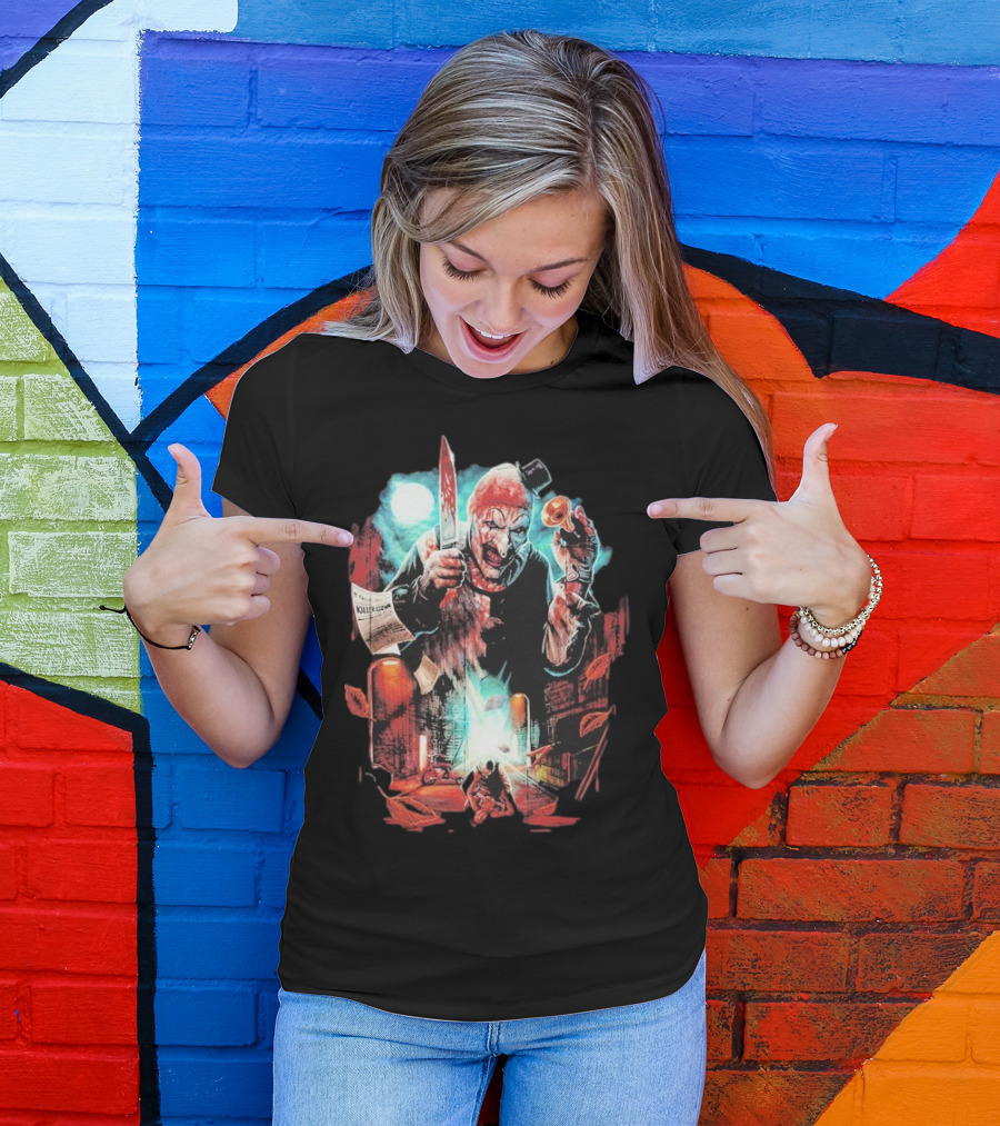 Terrifier Jokes On You Bloodstained Killer Clown With Knife And Newspaper T-Shirt