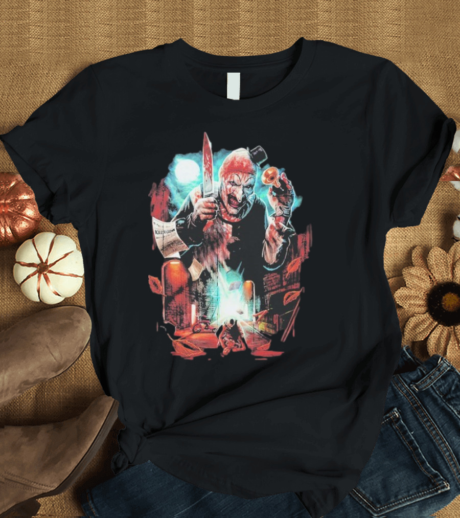 Terrifier Jokes On You Bloodstained Killer Clown With Knife And Newspaper T-Shirt