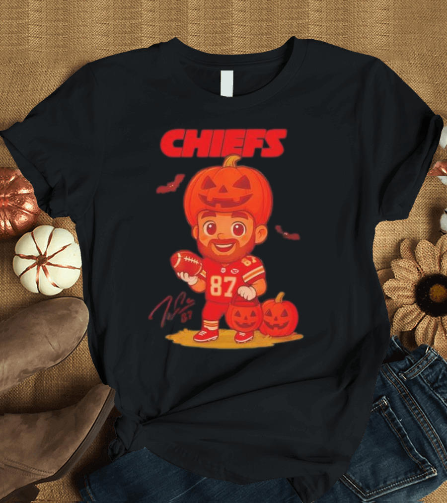 Travis Kelce Kansas City Chiefs Halloween 2025 Pumpkin Football Player Costume 87 T-Shirt
