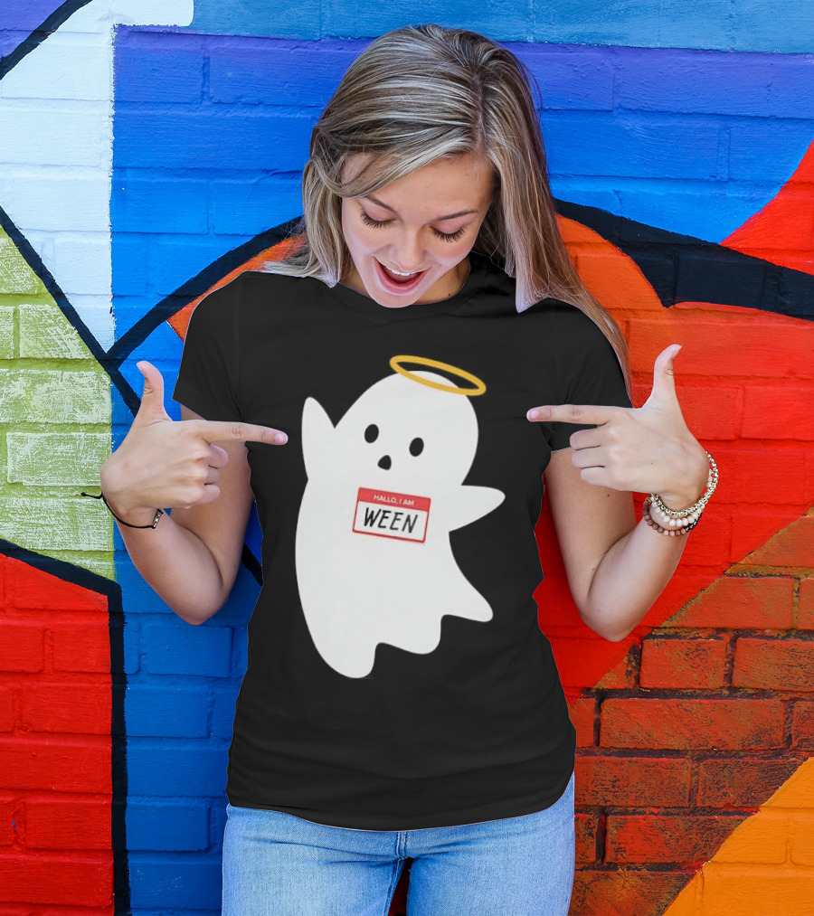 Hallo I Am Ween Ghost With Halo And Happy Halloween Name Tag T-Shirt