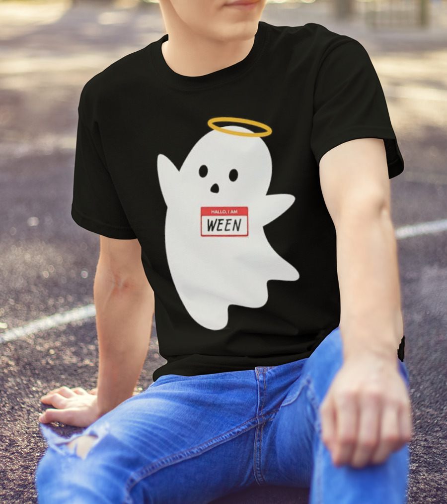 Hallo I Am Ween Ghost With Halo And Happy Halloween Name Tag T-Shirt