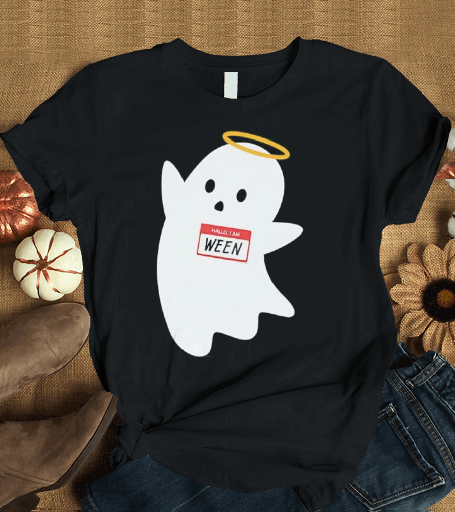 Hallo I Am Ween Ghost With Halo And Happy Halloween Name Tag T-Shirt