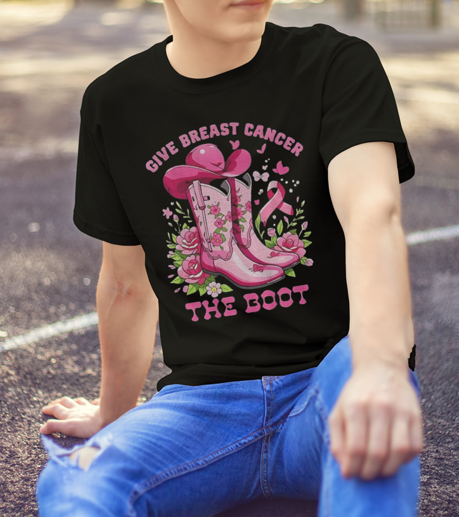 Vintage Pink Cowboy Boots Floral Breast Cancer Awareness T-Shirt