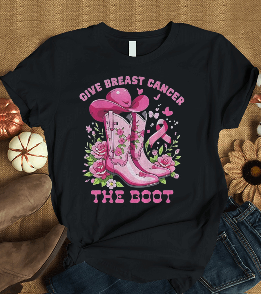 Vintage Pink Cowboy Boots Floral Breast Cancer Awareness T-Shirt