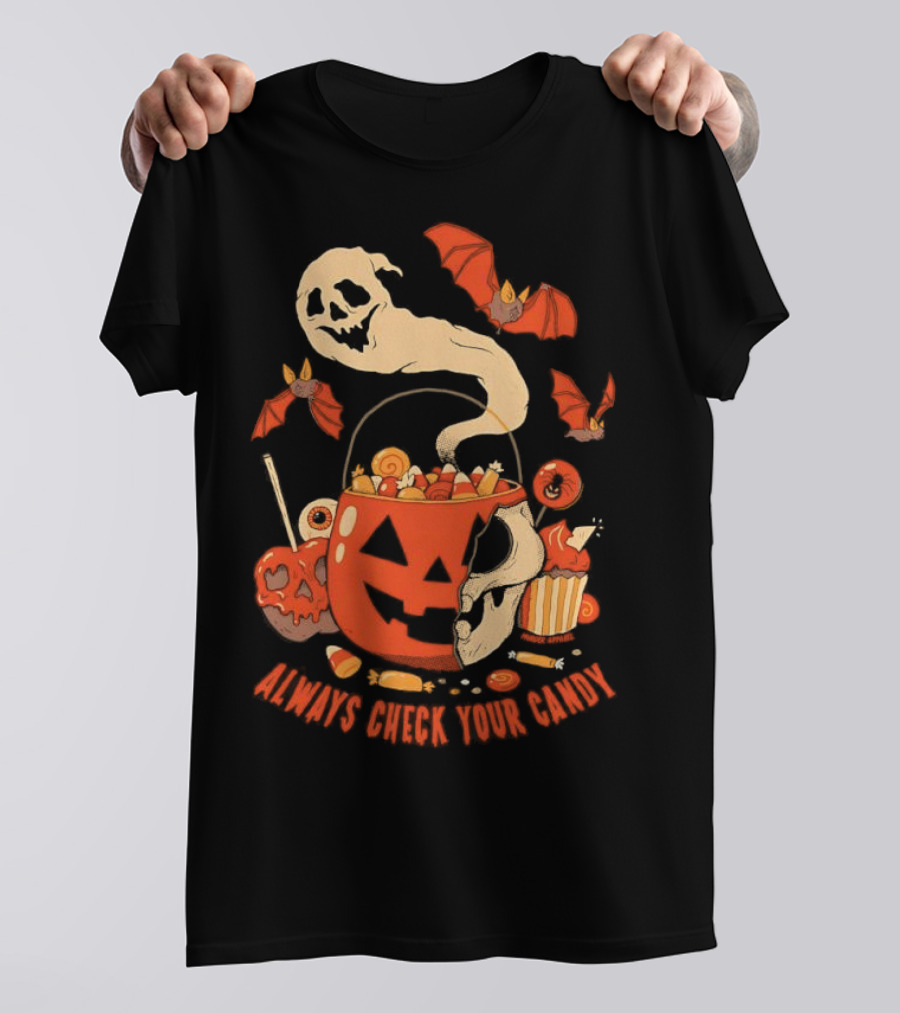 Halloween Always Check Your Candy Spooky Jack-O'-Lantern Ghost Bats And Sweets T-Shirt