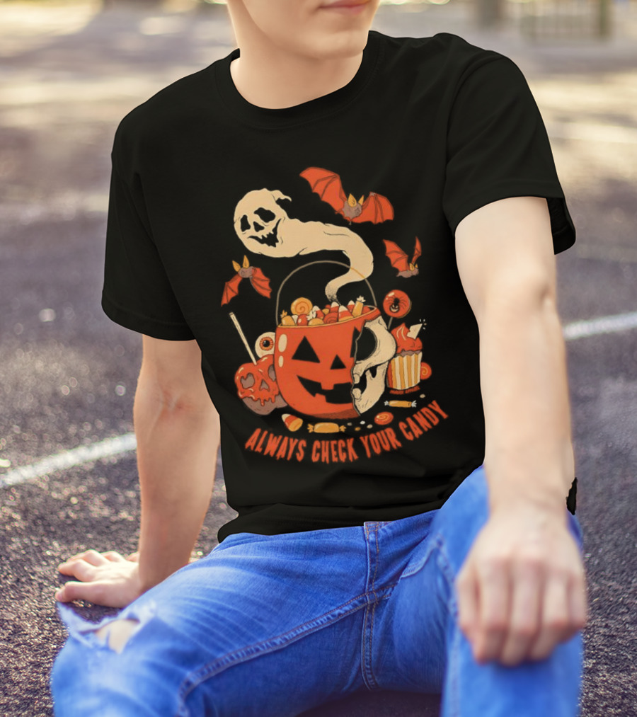 Halloween Always Check Your Candy Spooky Jack-O'-Lantern Ghost Bats And Sweets T-Shirt