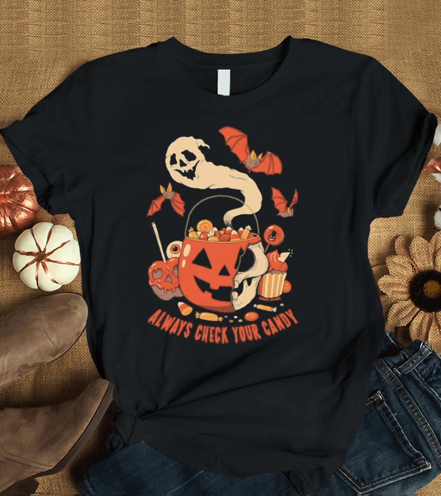 Halloween Always Check Your Candy Spooky Jack-O'-Lantern Ghost Bats And Sweets T-Shirt