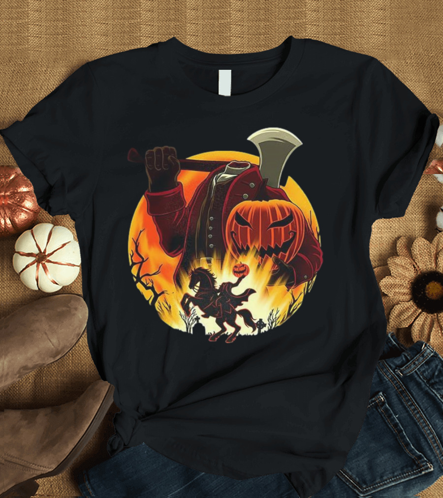 Headless Horseman Galloping Hessian Pumpkin Halloween Axe Rider T-Shirt