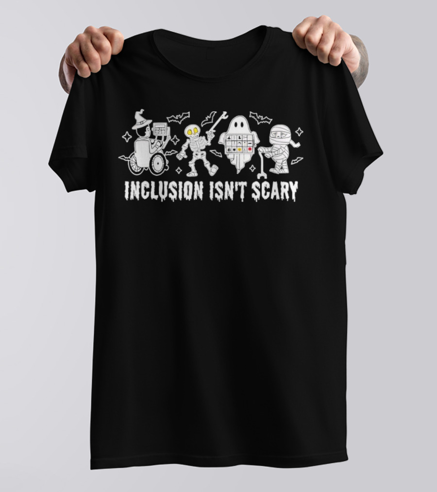 Inclusion Isn’t Scary Halloween Costumes Featuring Wizard Ghost Robot Characters T-Shirt