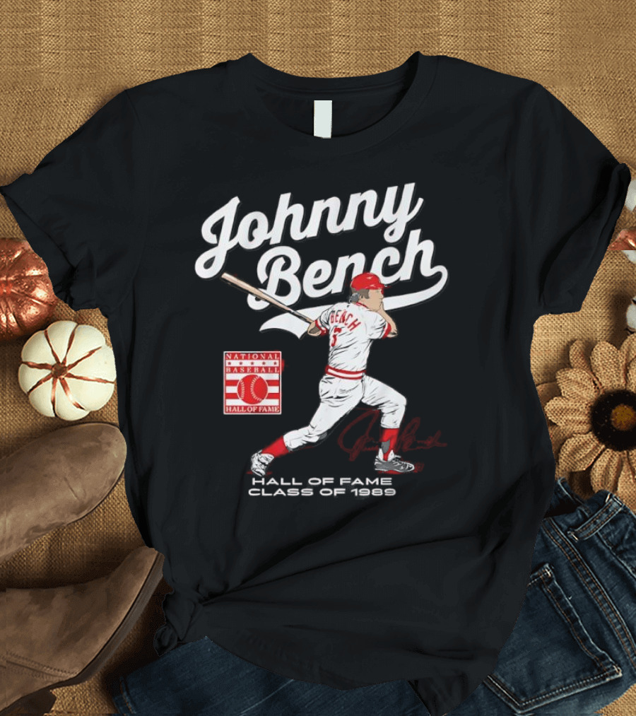 Johnny Bench National Baseball Hall Of Fame Class Of 1989 Signature T-Shirt