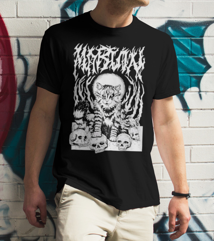 Metal Marvin Skull Cat By Beefaroni Flame Design T-Shirt