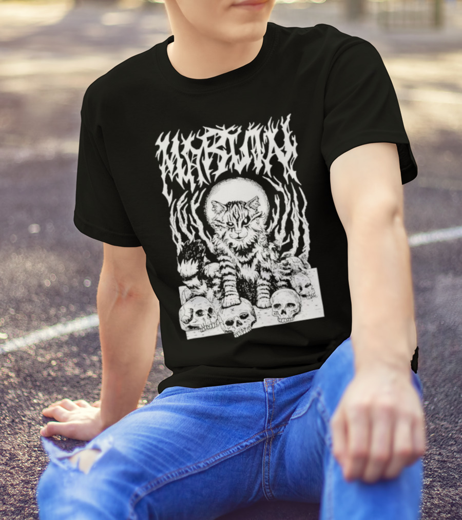 Metal Marvin Skull Cat By Beefaroni Flame Design T-Shirt