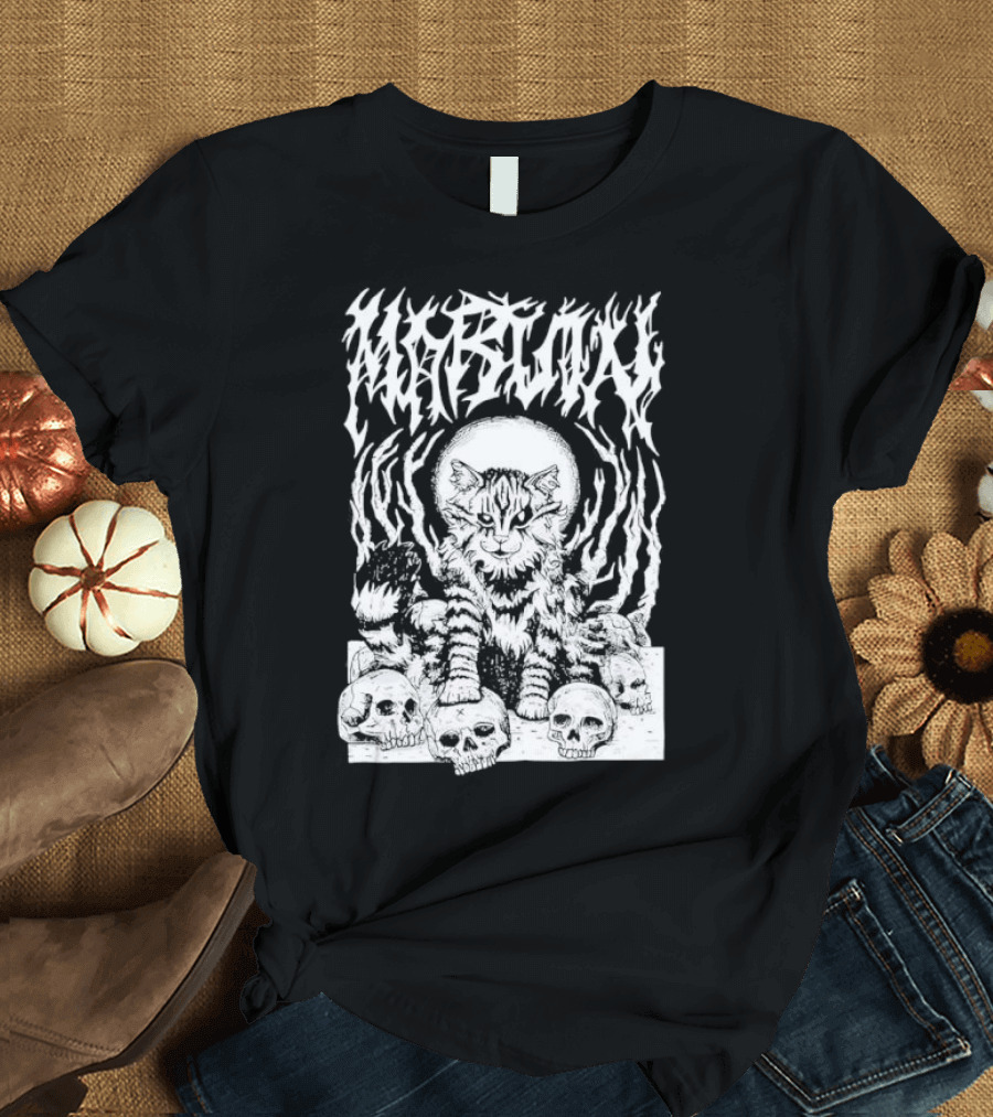 Metal Marvin Skull Cat By Beefaroni Flame Design T-Shirt