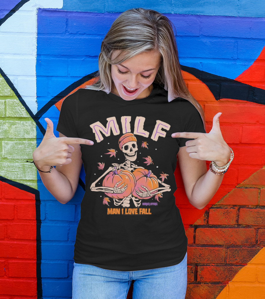 MILF Skeleton Man I Love Fall Pumpkins Leaves Vintage Halloween T-Shirt