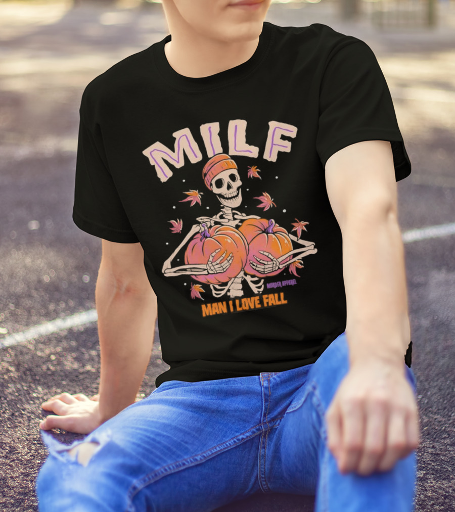 MILF Skeleton Man I Love Fall Pumpkins Leaves Vintage Halloween T-Shirt
