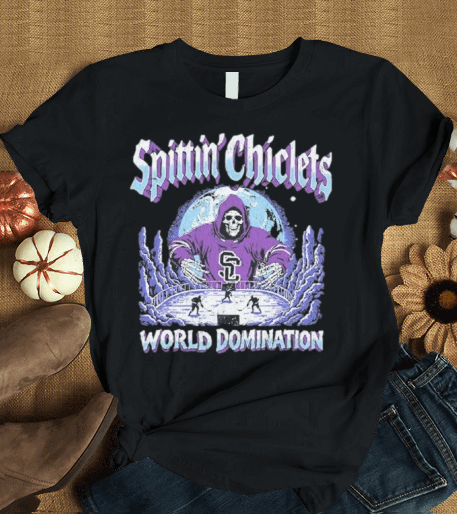 Spittin Chiclets Grim Reaper Hockey World Domination Moon T-Shirt