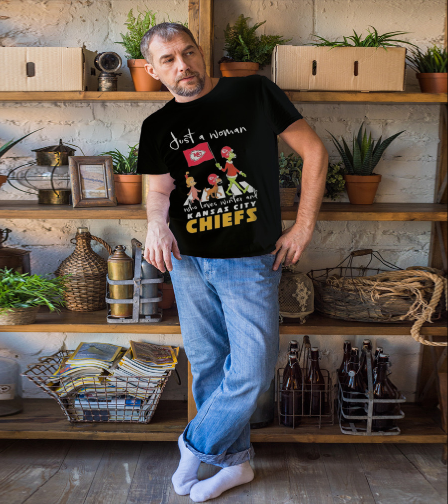Just A Woman Who Loves Winter And Kansas City Chiefs Abbey Road T-Shirt