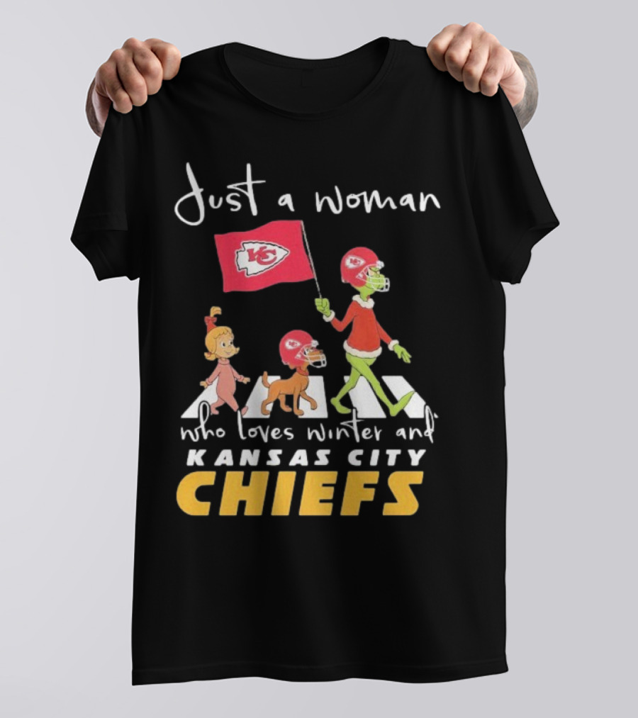Just A Woman Who Loves Winter And Kansas City Chiefs Abbey Road T-Shirt