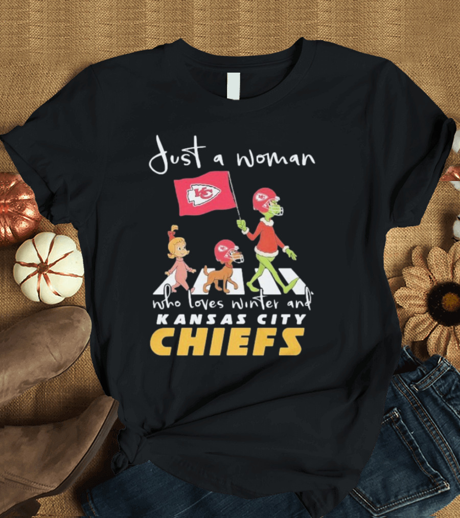 Just A Woman Who Loves Winter And Kansas City Chiefs Abbey Road T-Shirt