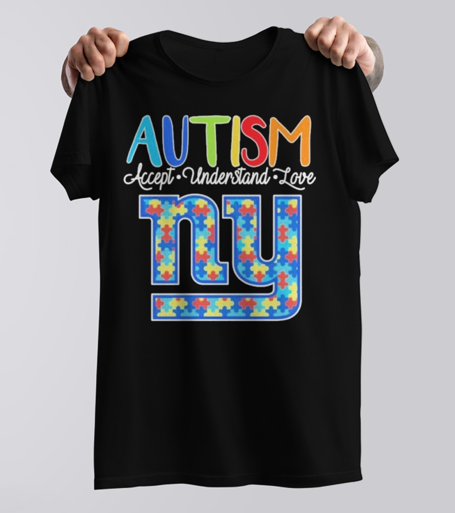 Autism Accept Understand Love NY Giants Puzzle Piece Pattern T-Shirt