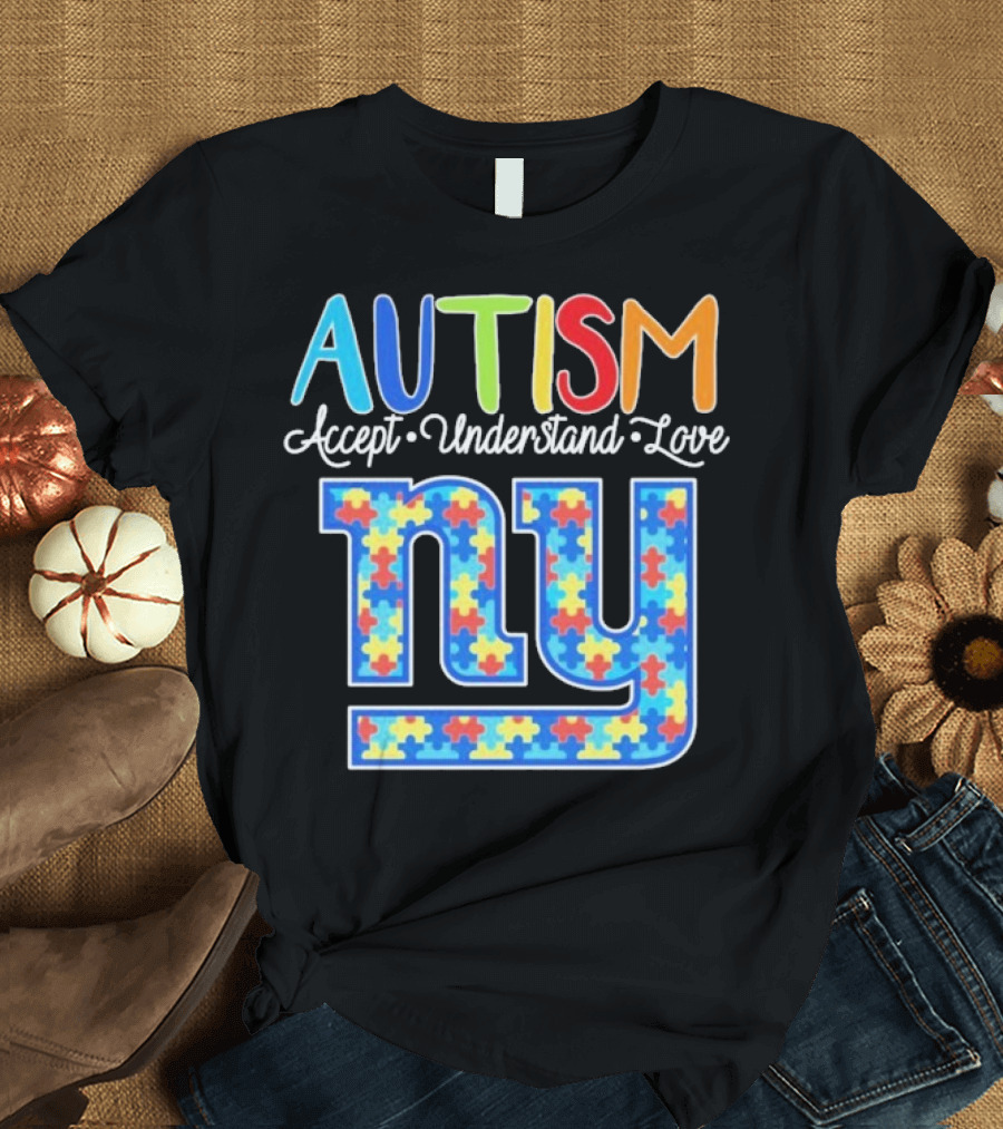 Autism Accept Understand Love NY Giants Puzzle Piece Pattern T-Shirt