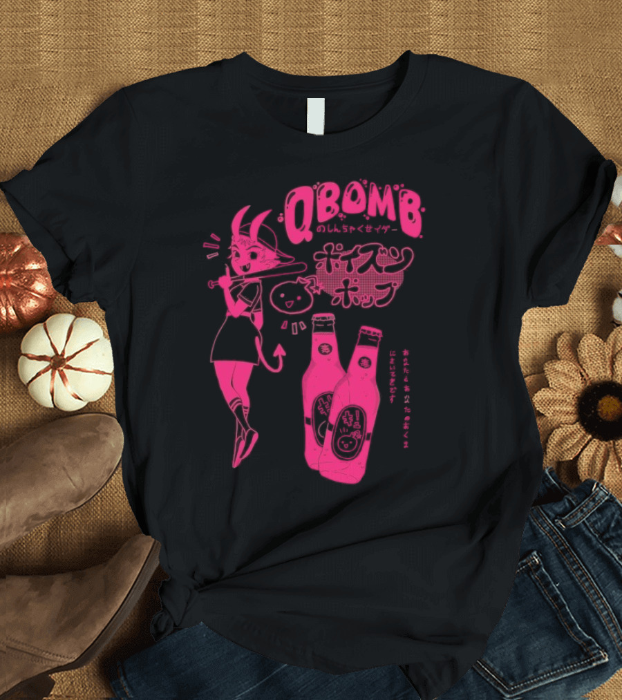 Qbomb Poison Pop Anime Demon Girl Japanese Text Retro Soda Bottles T-Shirt