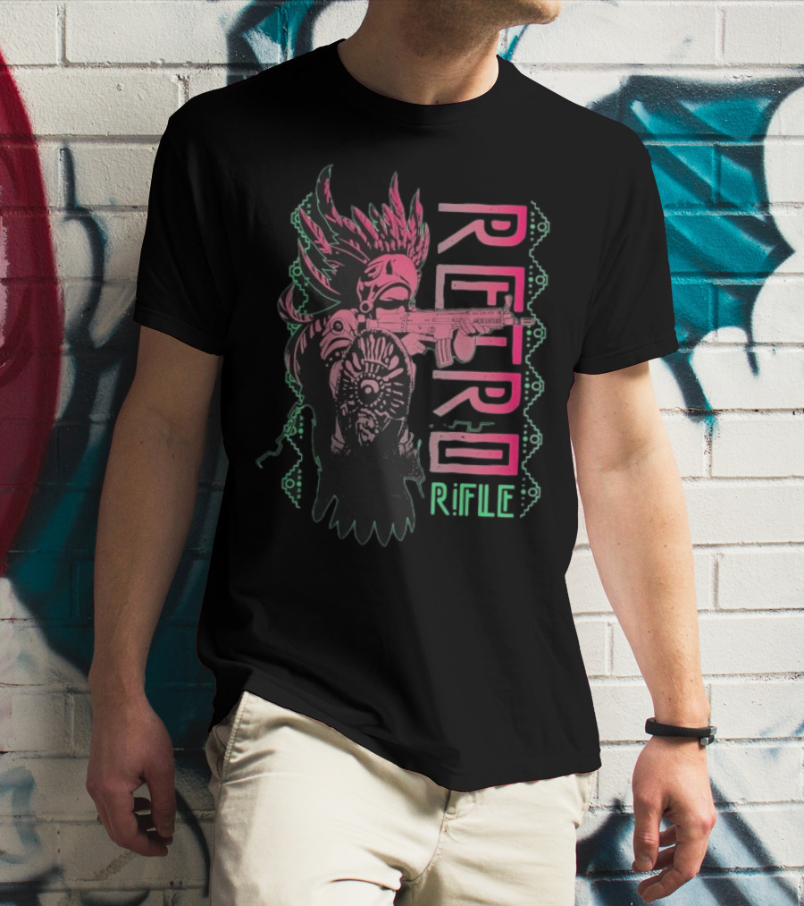 Retro Rifle Aztec Warrior Art Green Pink Feather Pattern T-Shirt