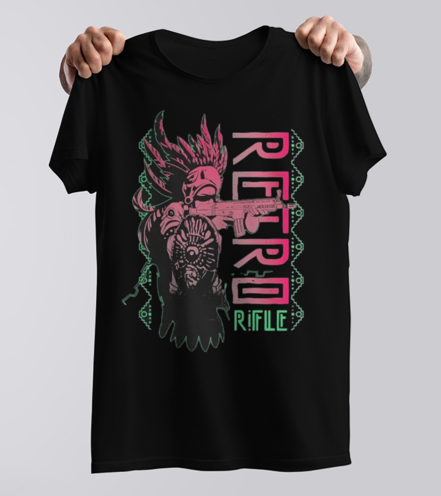 Retro Rifle Aztec Warrior Art Green Pink Feather Pattern T-Shirt
