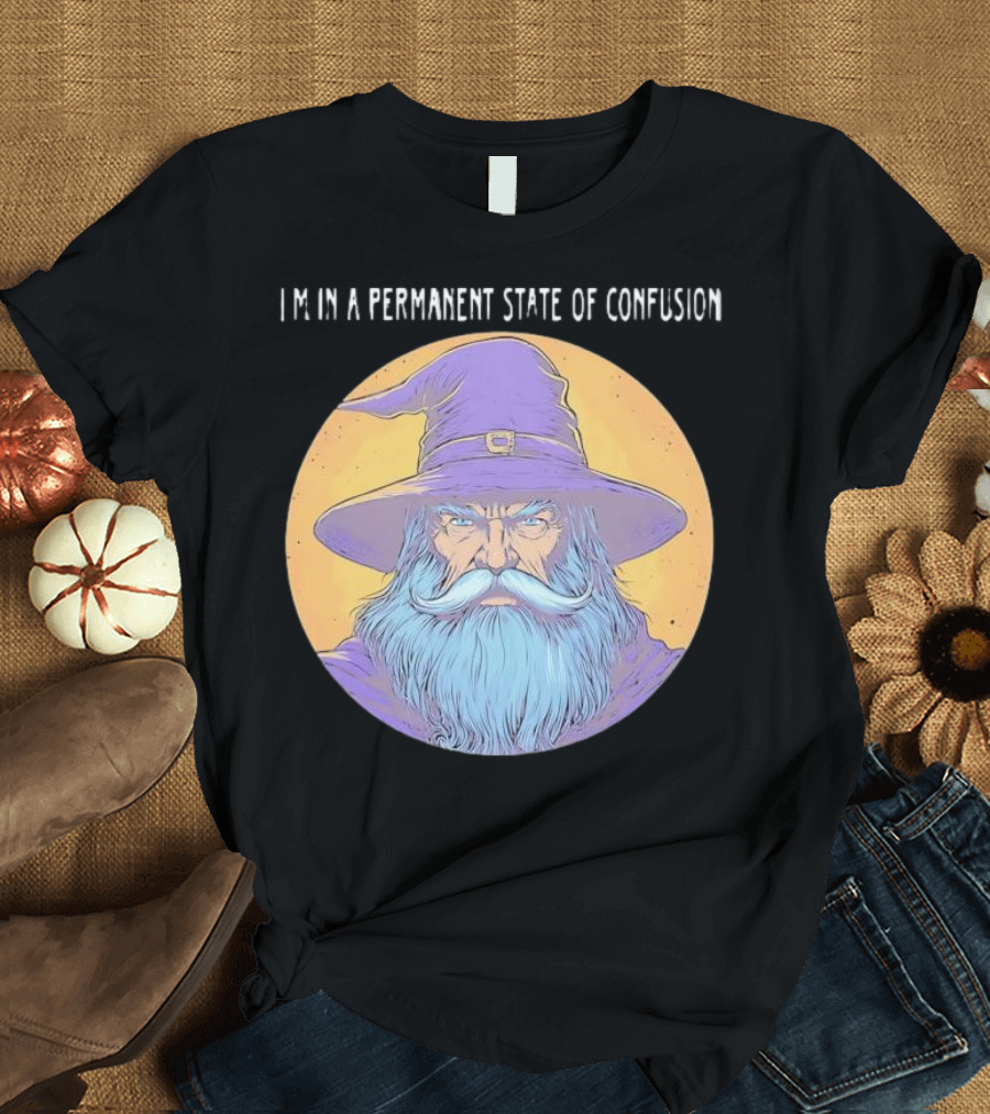 Wizard Magic I'm In A Permanent State Of Confusion Purple Hat Mystic Illustration T-Shirt