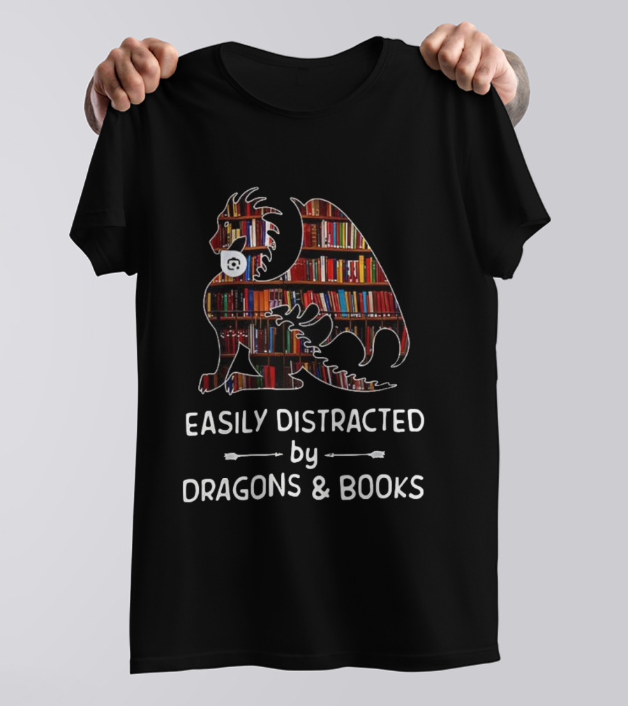 Easily Distracted By Dragons & Books Library Collage T-Shirt