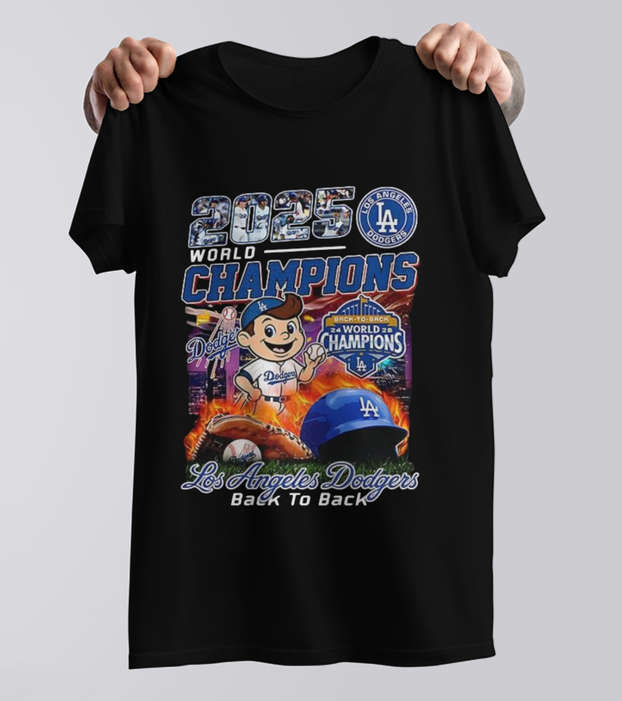 Los Angeles Dodgers 2025 Back To Back World Champions Dodgers Logo Baseball Gloves Helmet T-Shirt