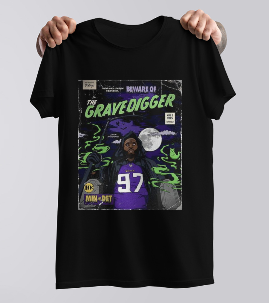 Minnesota Vikings Vs Detroit Lions 2025 Beware Of The Gravedigger Javon Hargrave Comic T-Shirt