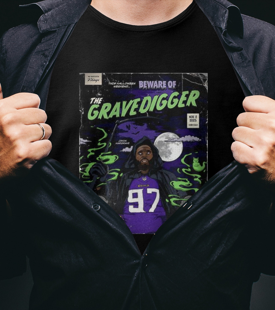 Minnesota Vikings Vs Detroit Lions 2025 Beware Of The Gravedigger Javon Hargrave Comic T-Shirt