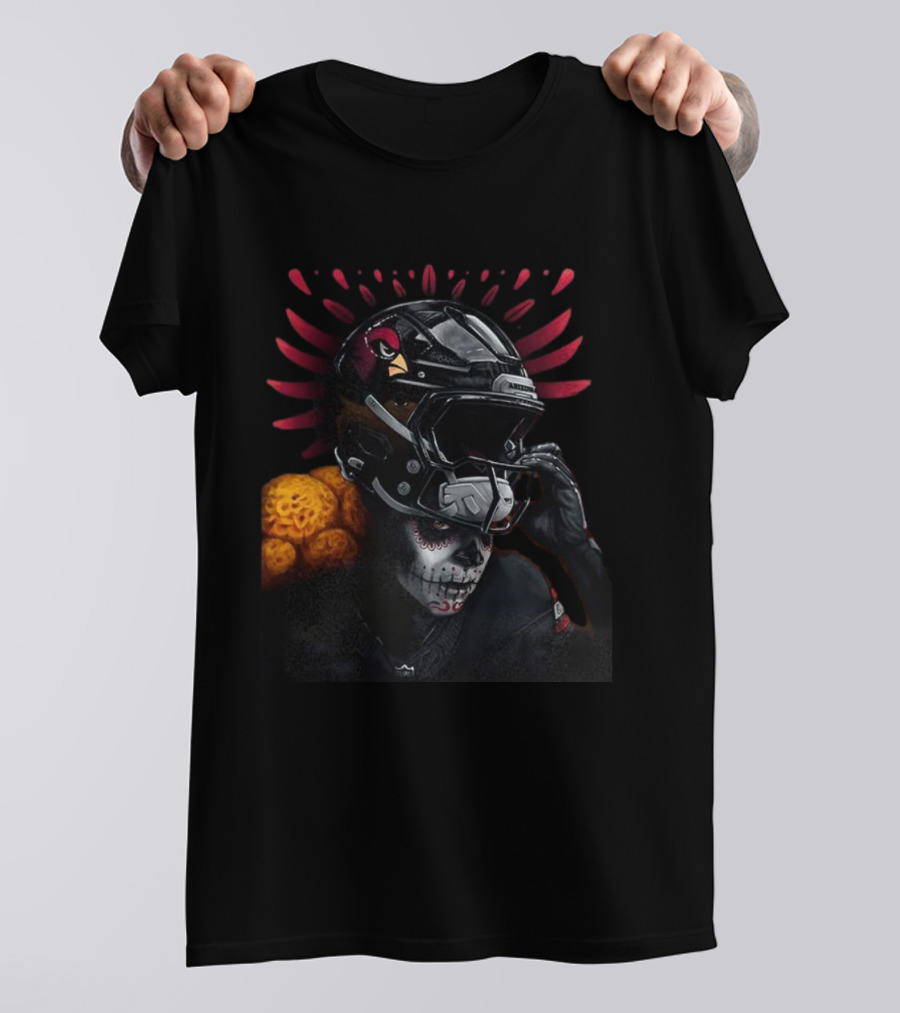 Arizona Cardinals Día De Muertos Football Helmet Skull Design T-Shirt