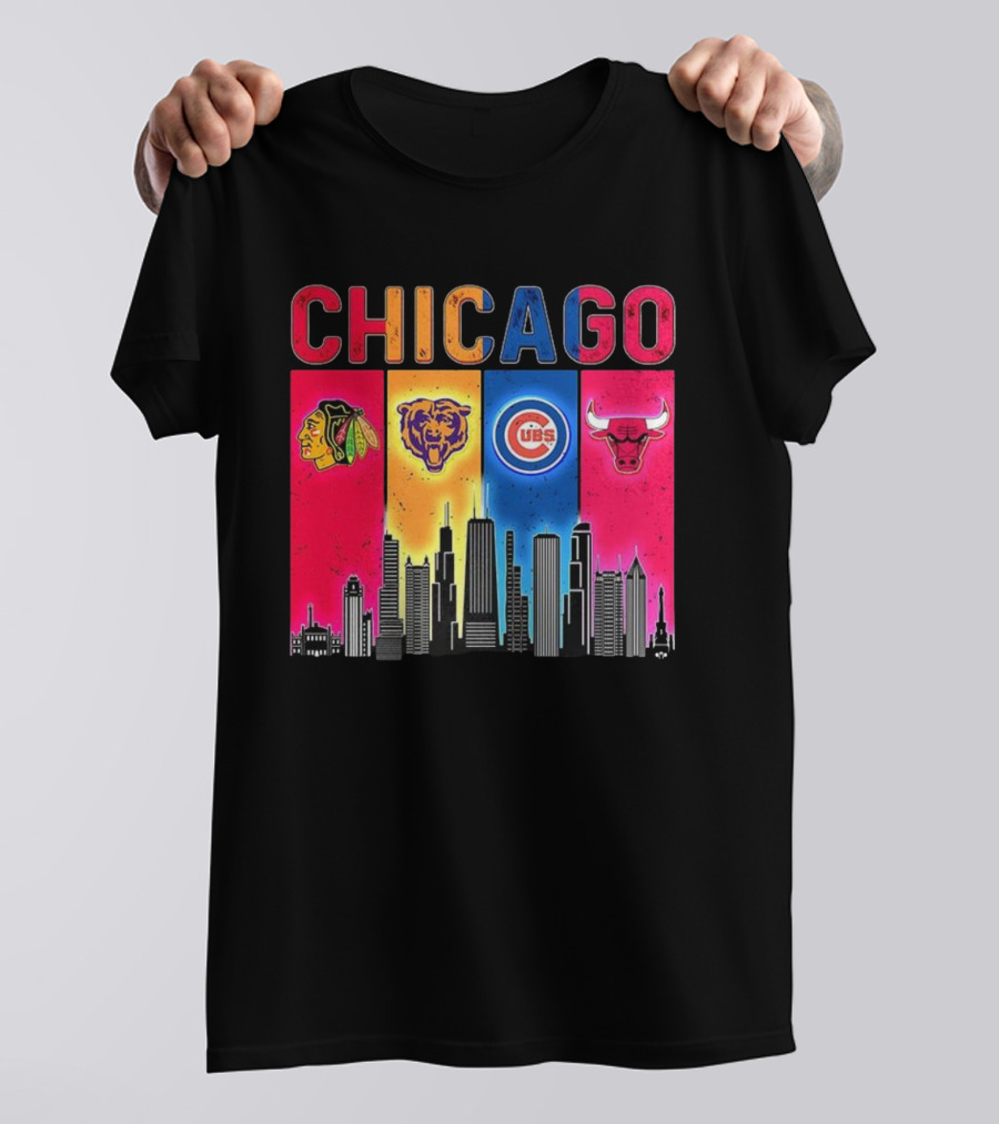 Chicago Blackhawks Bears Cubs Bulls Skyline T-Shirt