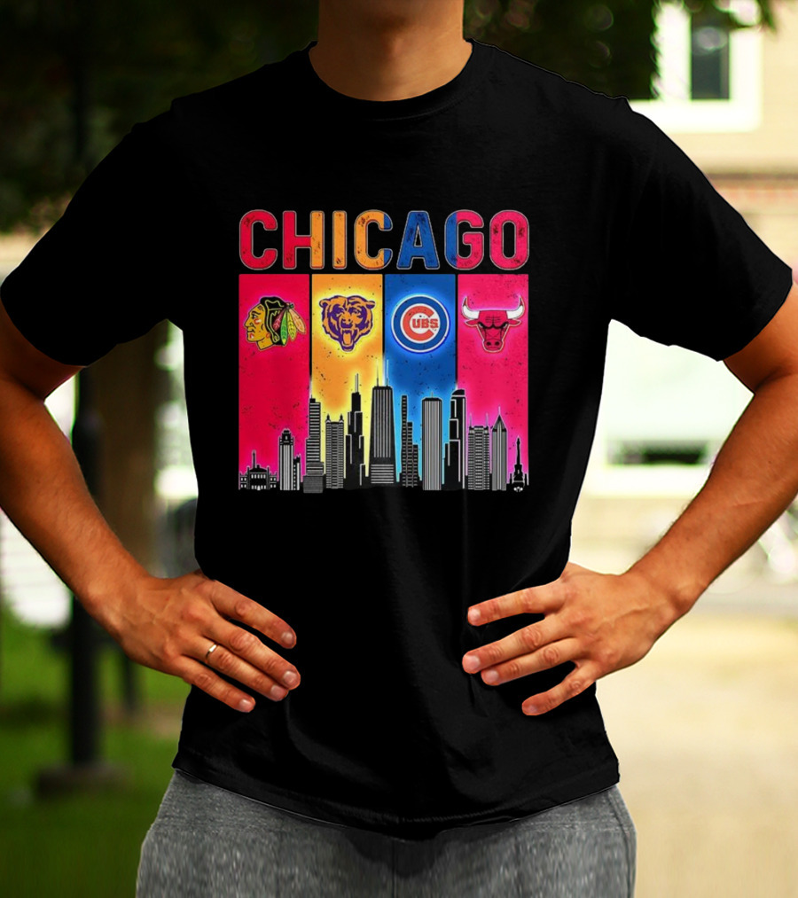 Chicago Blackhawks Bears Cubs Bulls Skyline T-Shirt