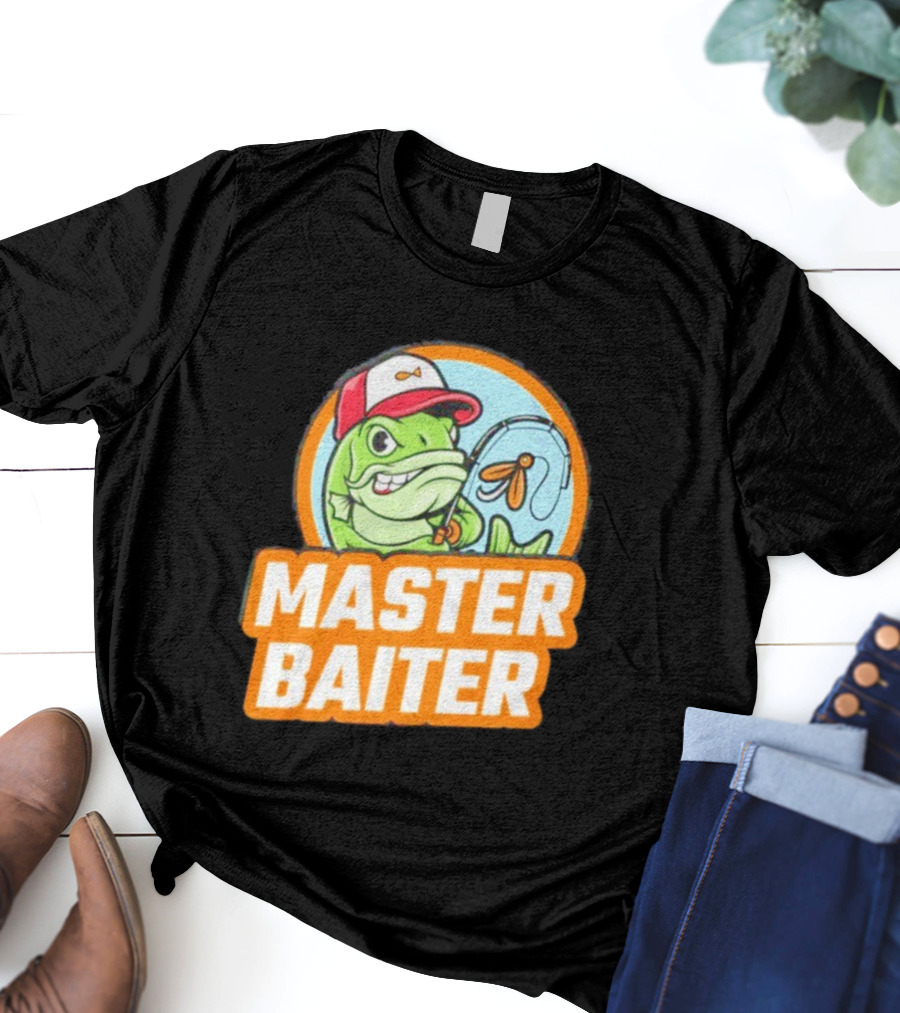 Master Baiter Fishing Cartoon Fish With Red Cap And Fishing Rod T-Shirt
