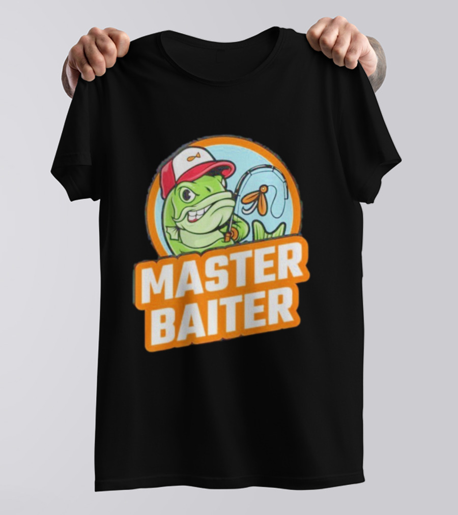 Master Baiter Fishing Cartoon Fish With Red Cap And Fishing Rod T-Shirt