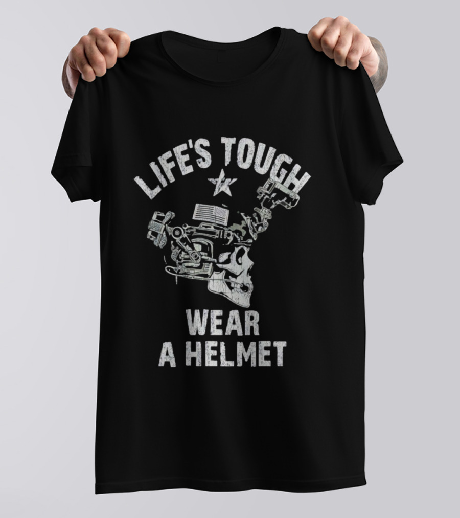 Life's Tough Wear A Helmet Skull Graphic With Mechanical Elements T-Shirt