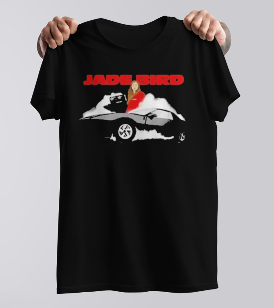 Jade Bird Red Attire Woman With Car And Clouds T-Shirt